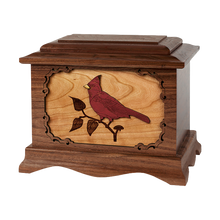 Wooden Ambassador Style Cremation Urn with Cardinal 3D Inlay Design