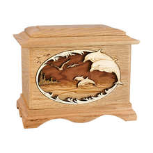 Wooden Ambassador Style Cremation Urn with Dolphins 3D Inlay Design