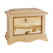 Wooden Ambassador Style Cremation Urn with Footprints in the Sand and Cross 3D Inlay Design
