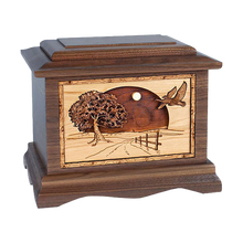 Wooden Ambassador Style Cremation Urn with Geese Road Home 3D Inlay Design