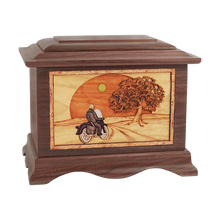 Wooden Ambassador Style Cremation Urn with Motorcycle in the Heartland 3D Inlay Design