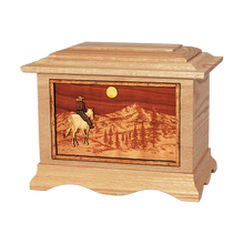 Wooden Ambassador Style Cremation Urn with Horse Rider in Mountains 3D Inlay Design