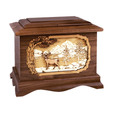 Wooden Ambassador Style Cremation Urn with Whitetail Deer in Mountain Lake 3D Inlay Design