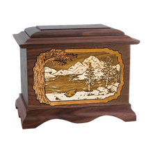 Wooden Ambassador Style Cremation Urn with Mountain Lake 3D Inlay Design