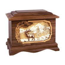 Wooden Ambassador Style Cremation Urn with Elk in Mountain Lakes 3D Inlay Design