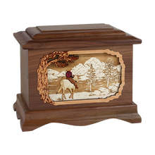 Wooden Ambassador Style Cremation Urn with Horse in Mountain Lake 3D Inlay Design