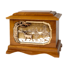Wooden Ambassador Style Cremation Urn with Whitetail Deer in New Lakes 3D Inlay Design