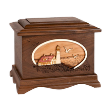 Wooden Ambassador Style Cremation Urn with Lighthouse Coastal Scene 3D Inlay Design