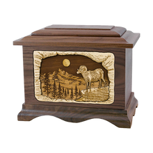Wooden Ambassador Style Cremation Urn with Ram 3D Inlay Design