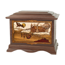 Wooden Ambassador Style Cremation Urn with Rustic Paradise 3D Inlay Design