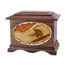 Wooden Ambassador Style Cremation Urn with Surfing Scene 3D Inlay Design