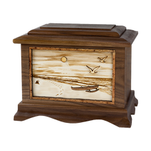 Wooden Ambassador Style Cremation Urn with Tropical Beach 3D Inlay Design