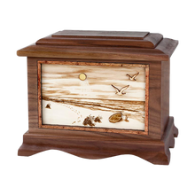Wooden Ambassador Style Cremation Urn with A Walk on the Beach 3D Inlay Design
