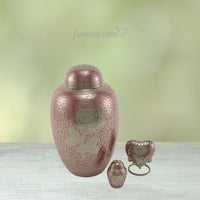 Traditional Rose Shimmer Pink Brass Heart Keepsake Set with Background