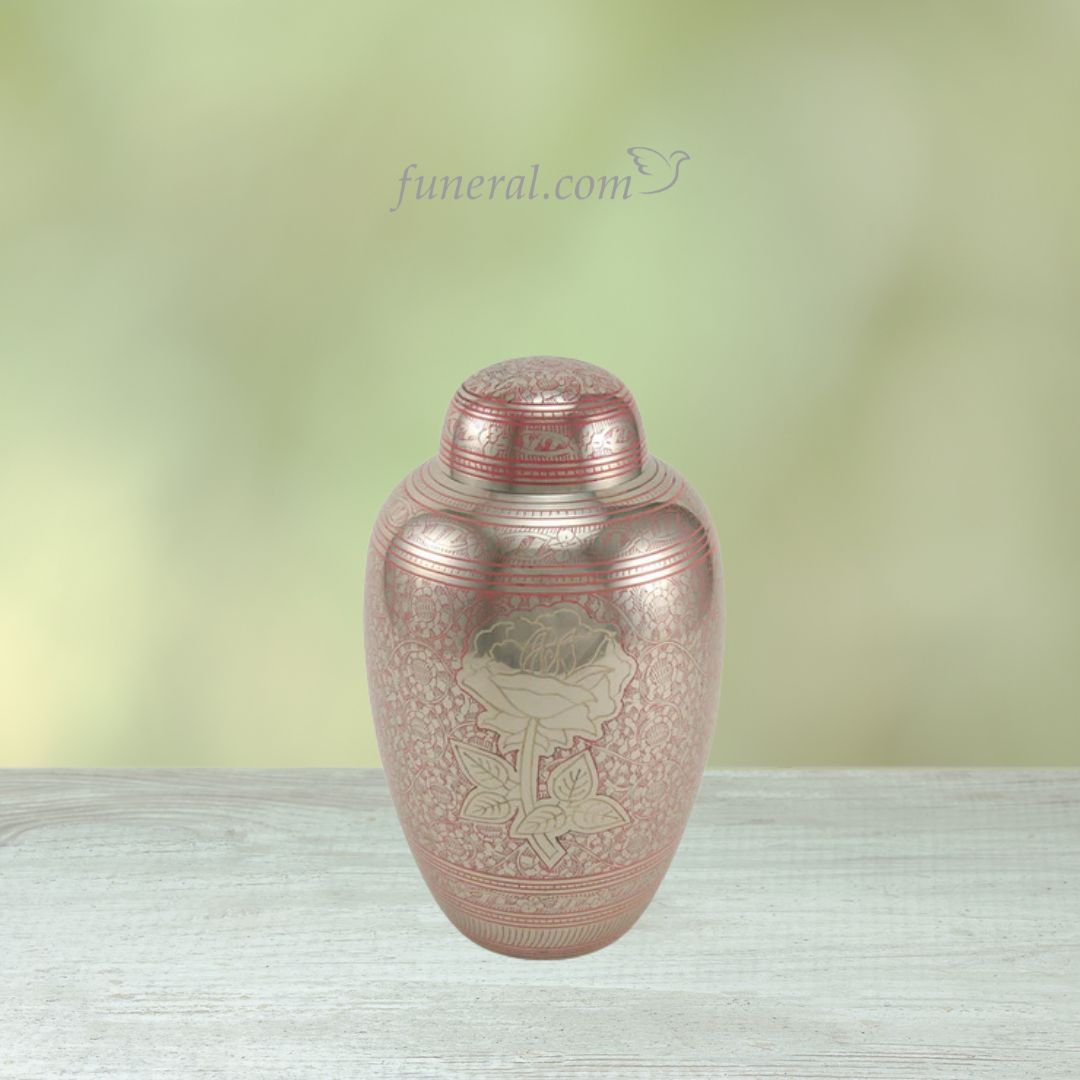 Traditional Rose Adult Shimmer Pink Brass Urn with Background