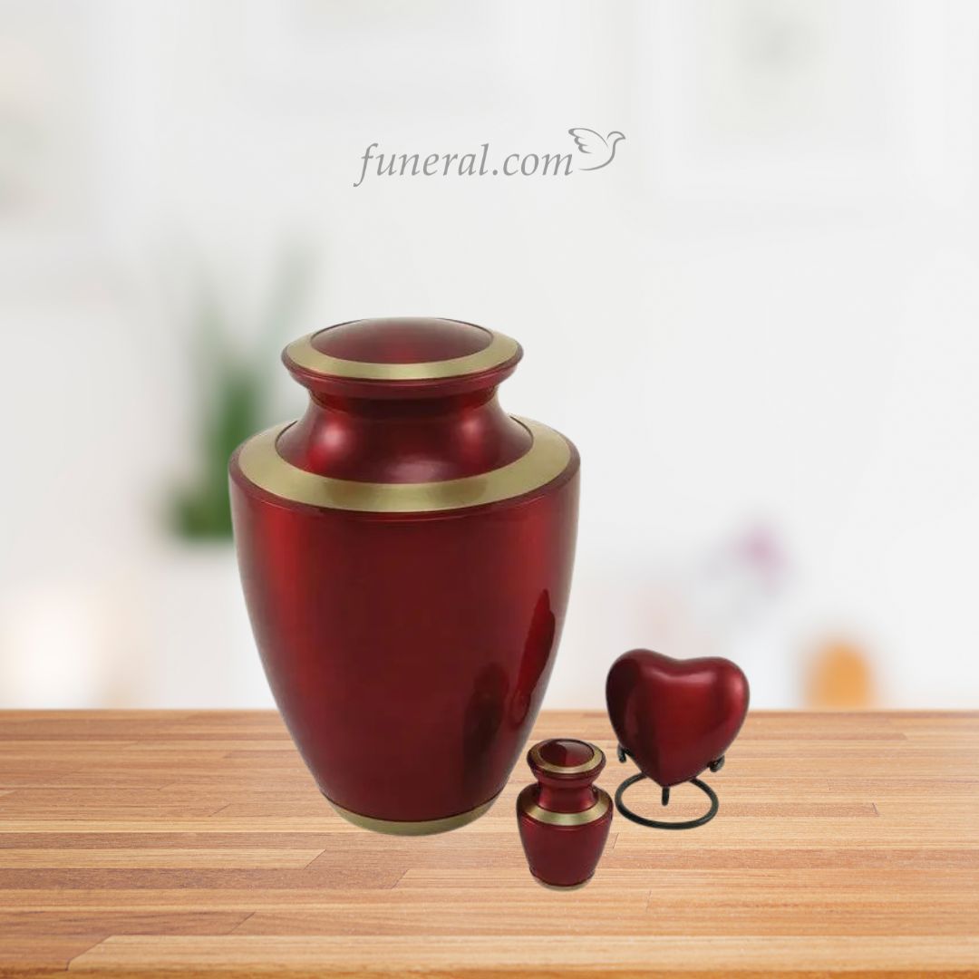 Trinity Crimson Red Brass Urn Set with Background