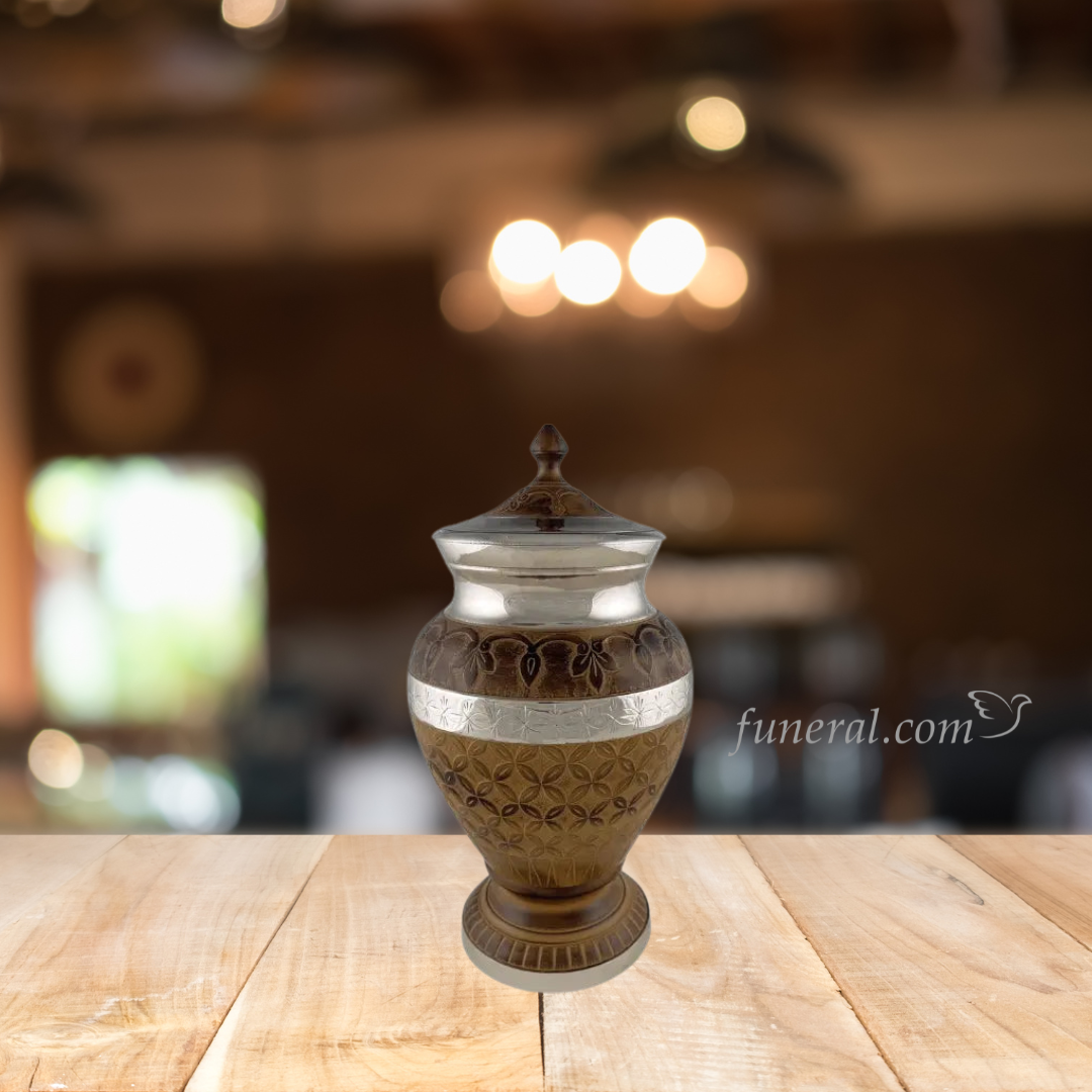 Wood Carved Adult Vintage Brass Urn