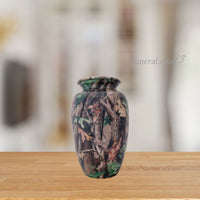 Woodland Camo Adult Army Green Aluminum Urn with Background