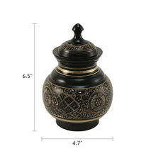 Black Brass Medium Urn with Hand - Etched Engraved Design - Funeral.com, Inc.