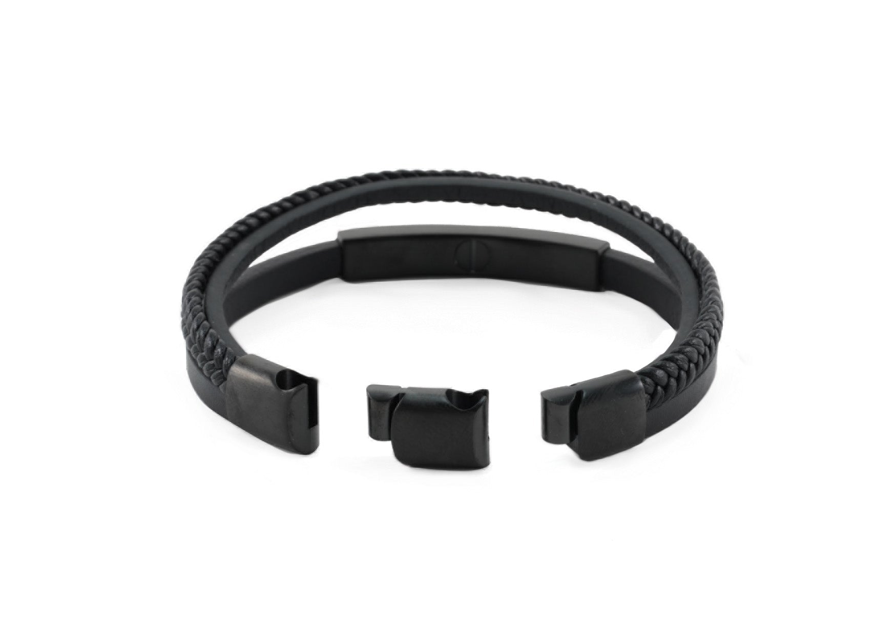 Black Leather Triple Band Cremation Bracelet with Engraving