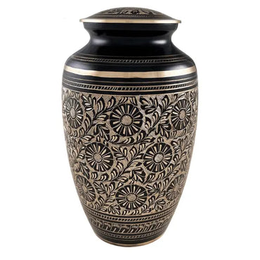 Flowers Adult Black and Gold Brass Urn - funeral.com