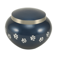 Classic Round Deep Blue Paw Band Large Pet Cremation Urn - Funeral.com, Inc.