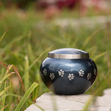 Classic Round Deep Blue Paw Band Medium Pet Cremation Urn - Funeral.com, Inc.