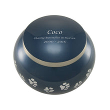 Classic Round Deep Blue Paw Band Medium Pet Cremation Urn - Funeral.com, Inc.