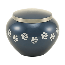 Classic Round Deep Blue Paw Band Medium Pet Cremation Urn - Funeral.com, Inc.