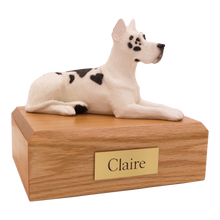 Harlequin Great Dane, Ears Up Lying Down Figurine Pet Cremation Urn - Funeral.com, Inc.