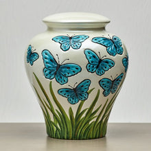 Ivory Ceramic Blue Butterflies Adult Cremation Urn - Funeral.com, Inc.