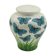 Ivory Ceramic Blue Butterflies Adult Cremation Urn - Funeral.com, Inc.