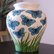 Ivory Ceramic Blue Butterflies Adult Cremation Urn - Funeral.com, Inc.