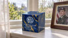 MacKenzie Small Cube Urn for Ashes - Cultured Marble - Blue & Gold