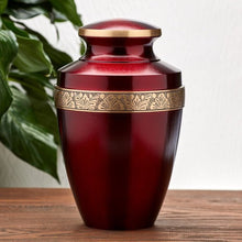 Metallic Crimson Brass Gold Accent Band Adult Cremation Urn - Funeral.com, Inc.