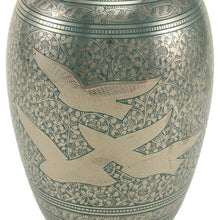 Nickel Brass Extra Large Pet Urn with Engraved Flying Birds - Funeral.com, Inc.