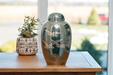 Nickel Brass Extra Large Pet Urn with Engraved Flying Birds - Funeral.com, Inc.