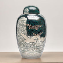 Nickel Brass Extra Large Pet Urn with Engraved Flying Birds - Funeral.com, Inc.