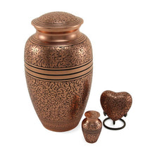 Polished Copper Brass Oak Leaf Engraved Heart Keepsake Urn - Funeral.com, Inc.