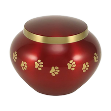 Round Glossy Crimson Brass Paw Print Band Small Pet Cremation Urn - Funeral.com, Inc.