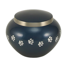Round Glossy Deep Blue Brass Paw Print Band Small Pet Cremation Urn - Funeral.com, Inc.