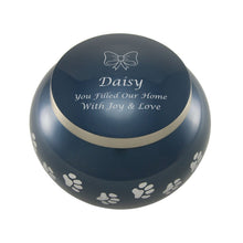 Round Glossy Deep Blue Brass Paw Print Band Small Pet Cremation Urn - Funeral.com, Inc.