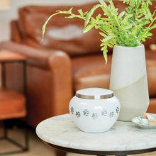 Round Glossy Pearl White Brass Paw Print Band Small Pet Cremation Urn - Funeral.com, Inc.