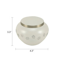 Round Glossy Pearl White Brass Paw Print Band Small Pet Cremation Urn - Funeral.com, Inc.