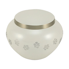 Round Glossy Pearl White Brass Paw Print Band Small Pet Cremation Urn - Funeral.com, Inc.
