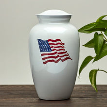 Shimmery White Stainless Steel Adult Cremation Urn with American Flag - Funeral.com, Inc.