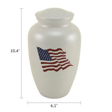 Shimmery White Stainless Steel Adult Cremation Urn with American Flag - Funeral.com, Inc.