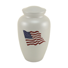 Shimmery White Stainless Steel Adult Cremation Urn with American Flag - Funeral.com, Inc.