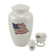 Shimmery White Stainless Steel Adult Cremation Urn with American Flag - Funeral.com, Inc.