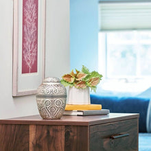 Silver Brass Large Urn with Embossed Leaf and Vine Design - Funeral.com, Inc.